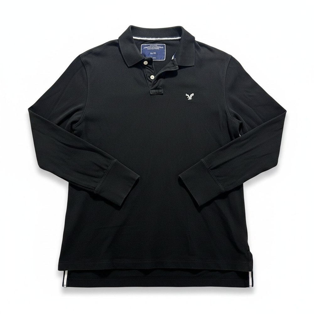 American Eagle XL Black Long Sleeve Polo‎ Shirt Mens Vintage Fit Casual Preppy